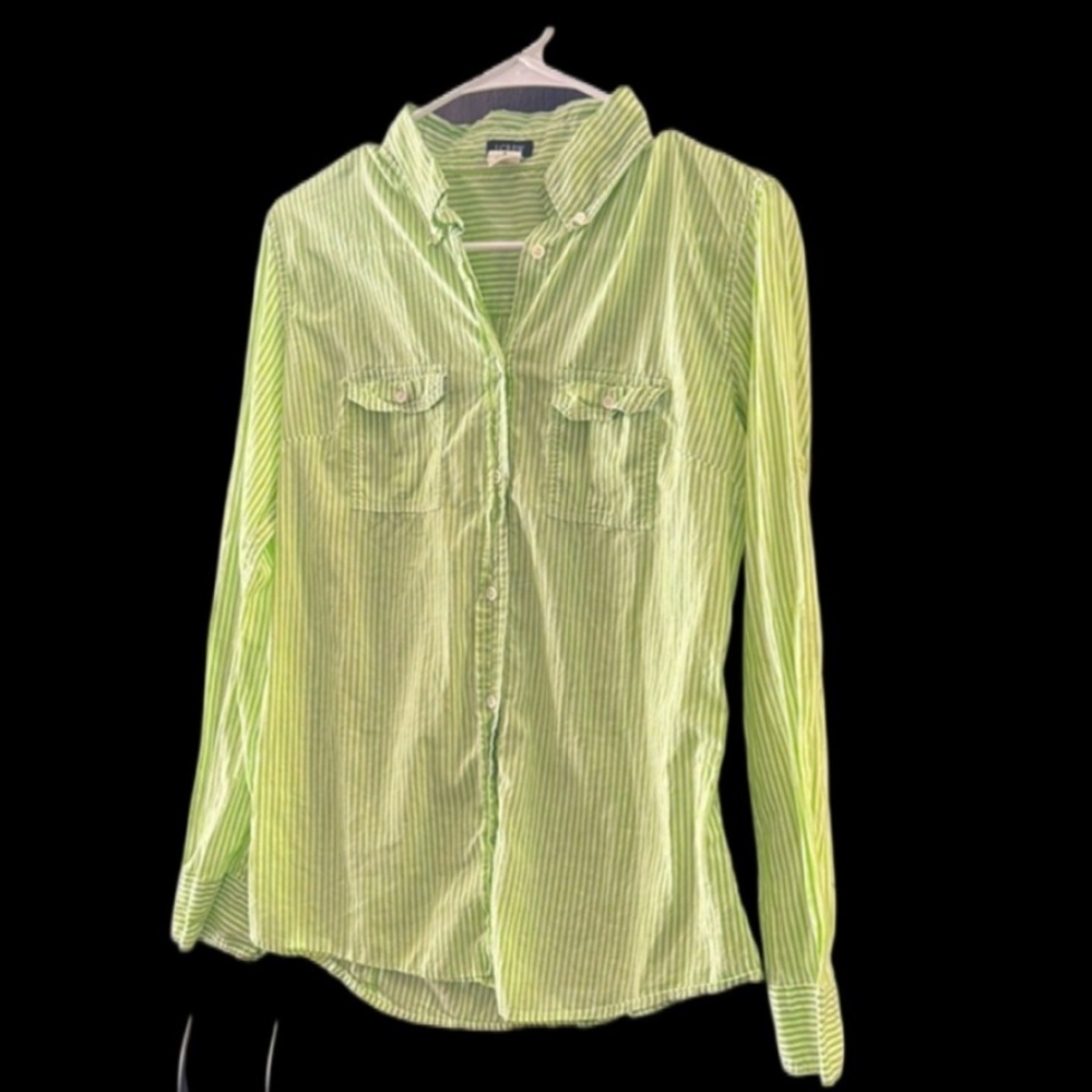WOMENS J CREW GREEN AND WHITE STRIPED BUTTON DOWN SHIRT LONG SLEEVE SIZE MEDIUM